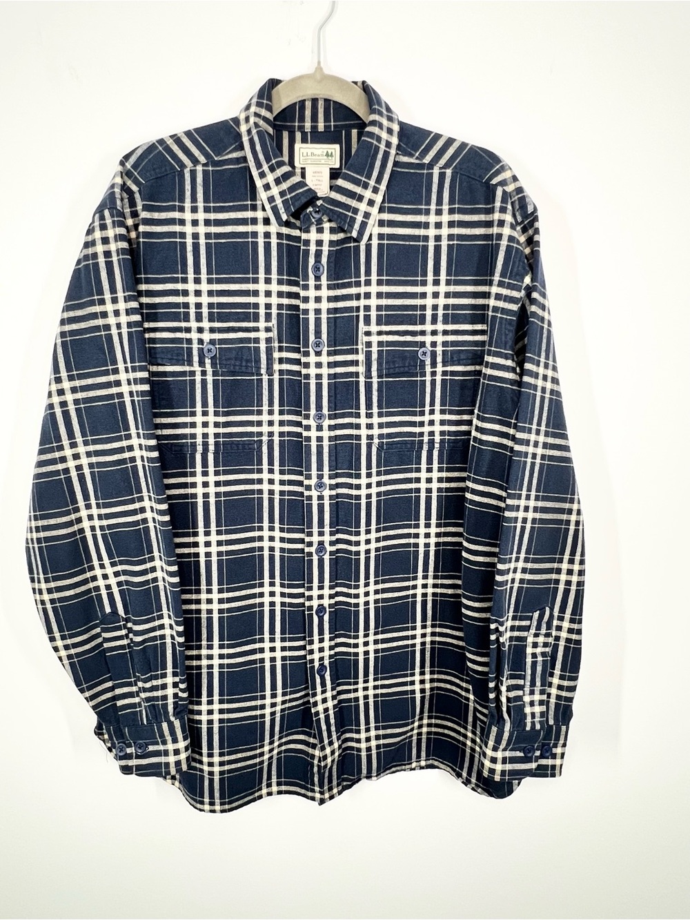 L.L. Bean Heavy Flannel Button Down Navy/Cream Plaid Camping Shirt Large Tall LT